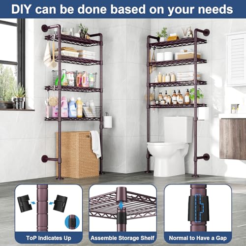 K3 Wall Mounted 4-Tier Over the Toilet Storage，Metal Above Toilet Storage with Paper Hook,Over Toilet Bathroom Organizer with Adjustable Shelf，Above Toilet Rack 9.7"Dx 25.6"Wx 74.3"H,Espresso