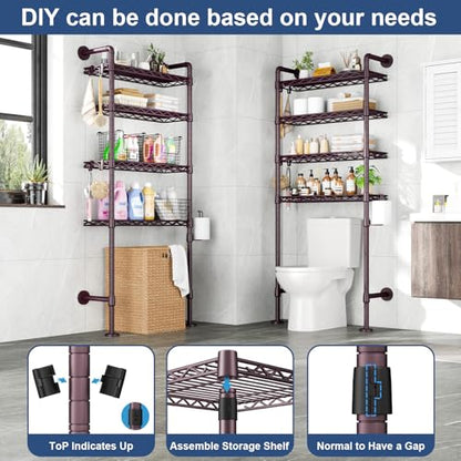 K3 Wall Mounted 4-Tier Over the Toilet Storage，Metal Above Toilet Storage with Paper Hook,Over Toilet Bathroom Organizer with Adjustable Shelf，Above Toilet Rack 9.7"Dx 25.6"Wx 74.3"H,Espresso