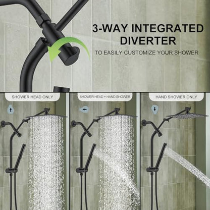 Matte Black 10 Inch All Metal Rain Shower Head with Handheld Spray | High Pressure Rainfall Shower Head wih Adjustable Extension Arm, Dual Showerhead Set with 60" Shower Hose, Square Rainfall - color: Matte Black