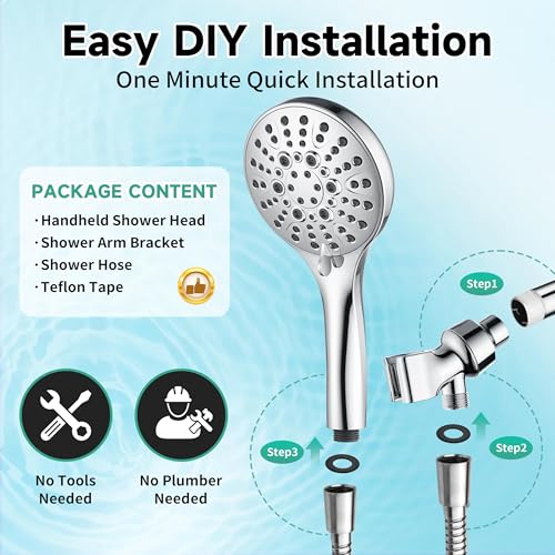 BRIGHT SHOWERS High Pressure Shower Head with Handheld, 9 Spray Settings Showerhead Built in Power Wash to Clean Tub and Pets, Extra Long 69" Hose, Adjustable Bracket, Chrome - color: Chrome, style: 1.8 GPM | 9 Modes