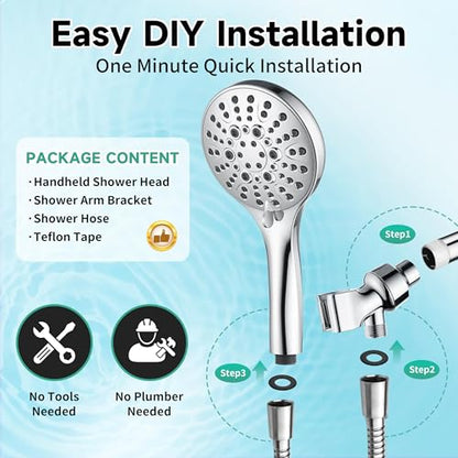 BRIGHT SHOWERS High Pressure Shower Head with Handheld, 9 Spray Settings Showerhead Built in Power Wash to Clean Tub and Pets, Extra Long 69" Hose, Adjustable Bracket, Chrome - color: Chrome, style: 1.8 GPM | 9 Modes