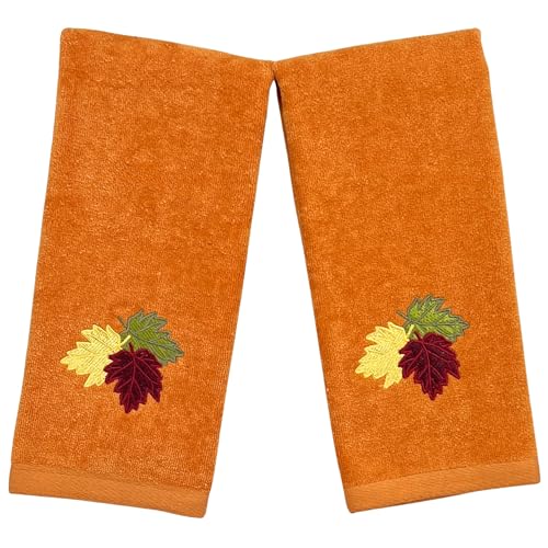 Serafina Home Fall Hand Towels: Farmhouse Terracotta Rust with Autumn Leaves of Burgundy Green and Yellow Design, 100% Cotton, 2 Piece Set, 16" x 25" - color: Leaves
