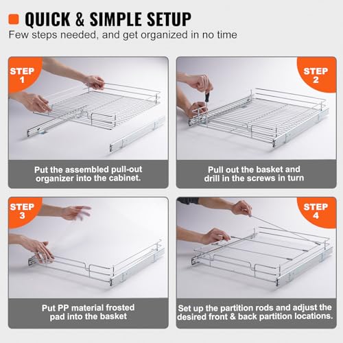 VEVOR 18.5"Wx21"Dx3.5"H Pull Out Cabinet Organizer, Heavy Duty Slide Out Pantry Shelves, Chrome-Plated Steel Roll Out Drawer, Drawer Storage for Home Under Sink, 20"Wx22"Dx7"H Install Size for Cabinet - size: 18.5"Wx21"D