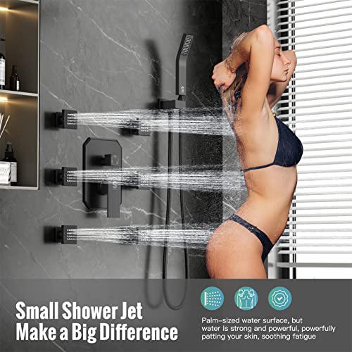Waist Massage Spray Shower System with 6 Body Jets and Tub Spout, 16'' Full Body Bathtub Shower System with Shower Jet, Wall Mounted Rain Shower and Handheld Shower Faucet Set Complete, Matte Black - color: Matte Black, style: 16"-4 Function