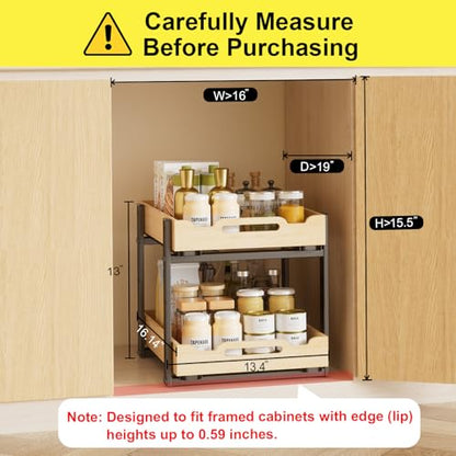 Pull Out Cabinet Organizer, 2-Tier Drawers for Kitchen Cabinet | Sliding Bamboo Under Sink Organizer for Kitchen Storage Organization with Coated Iron Frame, Bathroom Organizers and Storage