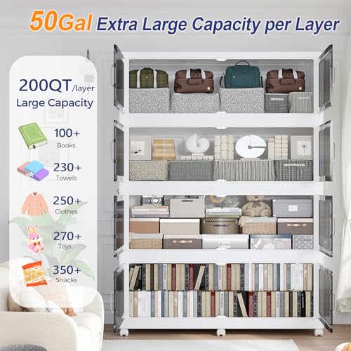 250Gal Extra Large Stackable Storage Bins with Lid, 1000QT Foldable Collapsible Storage Box with Doors and Wheels, Plastic Closet Organizers Container Drawer for Bedroom Dorm Kitchen, 5Pack - size: 50Gal-5Pack