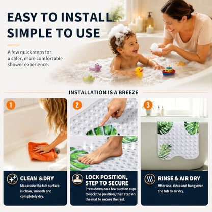 Yimobra Non Slip Bathtub Mat 40 x 16 Inch, Extra Long Shower Mat with Drain Holes, Machine Washable Baby Bath Mats, Strong Suction Cups for Bathroom Floor, Monstera - color: Monstera