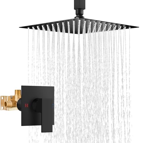 Airuida 10 Inch Matte Black Shower Faucet Set,Rainfall Shower System | Ceiling Shower Head,Male Thread Rough-in Valve,Ceiling Mount,Single Handle - color: Matte Black, size: 10 Inch