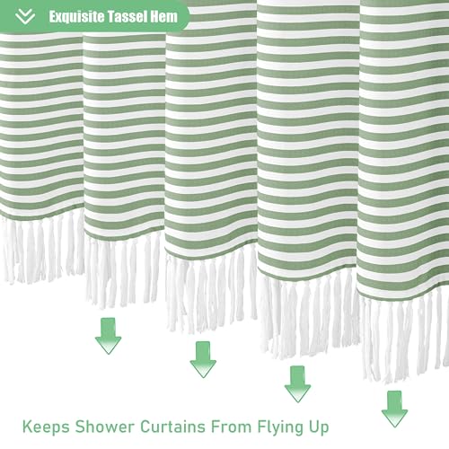 Dynamene 78 Inch Long Shower Curtain, Farmhouse Boho Striped Fabric Tassel Shower Curtain for Bathroom, Tall Bohemian Textured Waterproof Cloth Shower Curtain Set with Hook, Sage Green, 72x78 - color: A. Sage Green, size: 72"W x 78"L (Pack of 1)