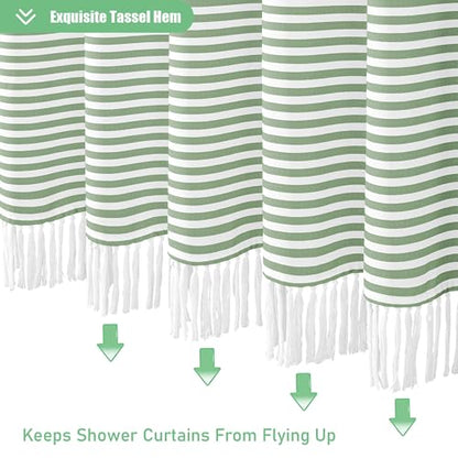 Dynamene 78 Inch Long Shower Curtain, Farmhouse Boho Striped Fabric Tassel Shower Curtain for Bathroom, Tall Bohemian Textured Waterproof Cloth Shower Curtain Set with Hook, Sage Green, 72x78 - color: A. Sage Green, size: 72"W x 78"L (Pack of 1)