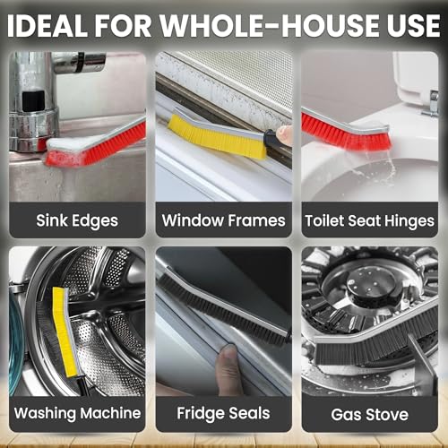 Crevice Cleaning Brush Set 3Pcs Hard Bristle Tools for Narrow Spaces | Includes Red, Black & Yellow Grout Scrub Brushes for Tile Floors, Bathroom, Shower, Window Tracks & Kitchen Cleaning.