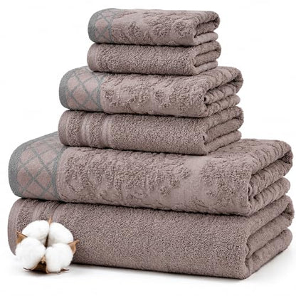 Modern Threads 6 Piece Cotton Bath Towel Set – Ultra Soft 550 GSM Towels – Bathroom Set with Hand Towels and Washcloths – Diamond Border (Classic Taupe) - color: Classic Taupe, style: Diamond Border