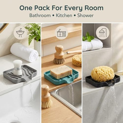 Self Draining Soap Dish with Drain Spout - Bar Soap Holder for Bathroom & Kitchen Sink - Flexible Non-Slip Silicone Soap Holder for Bar Soap, Sponge & Scrubber – 3 Pack - size: 3 Pack