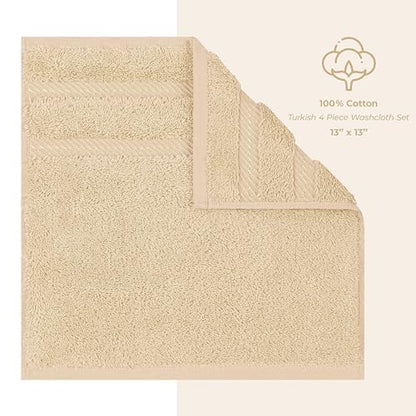 American Soft Linen 100% Cotton Luxury Turkish Towels, 4 PC Washcloth Set | Soft Absorbent Quick Dry OEKO Tex Standard 100 Certificated Durable Machine Washable Premium Hotel Quality - color: Beige, size: 13"x13"