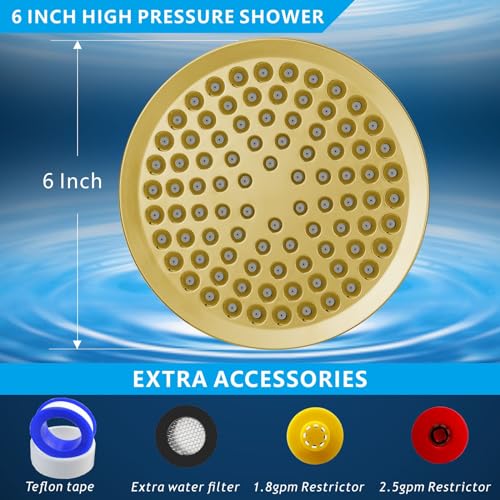 High Pressure Rain Shower Head - High Flow Rainfall Showerhead - Luxury Modern Look - Pressure Boosting Bathroom Shower Heads (6 inches, Gold) - color: Chrome Gold