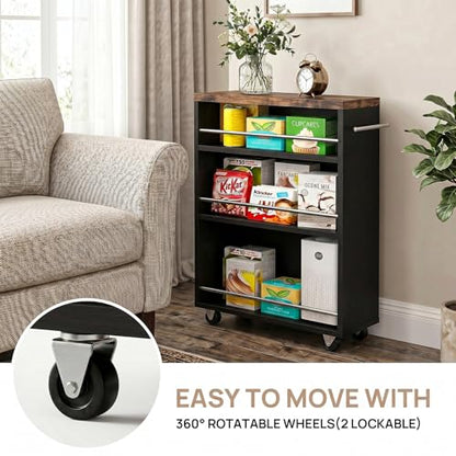 4-Tier Slim Rolling Cart with Wheels, 7.9"W Narrow Storage, Black & Brown | 4 adjustable MDF shelves (20 lbs each), 360° casters + side handle, Fits kitchen, laundry, bathroom & dorm tight gaps - color: Black