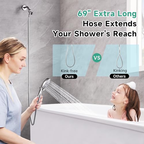 BRIGHT SHOWERS High Pressure Shower Head with Handheld, 9 Spray Settings Showerhead Built in Power Wash to Clean Tub and Pets, Extra Long 69" Hose, Adjustable Bracket, Brushed Nickel - color: Brushed Nickel, style: 1.8 GPM | 9 Modes