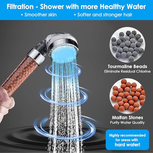 Vacto Temperature Controlled 3-color Changing Shower Head Kit, Water Saving Showerheads with Filtration Beads, LED High Pressure Handheld Shower Head Set with Hose and Bracket - color: Temperature Controlled Shower Head Set