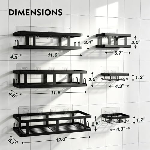 Youvip Black Shower Caddy, 6 Pack | No Drill, Adhesive Shelves, Large Capacity, 6 Adhesives, 24 Built-In Side Hooks - color: Black-6pc