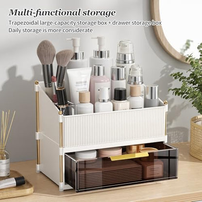 INVSSENE Stackable Makeup Organizer Countertop, Storage Perfume Skincare Cosmetic Lipstick Face Mask Makeup Brush Palettes, Ideal for Vanity Bathroom Counter - color: 3514 White+Coffee