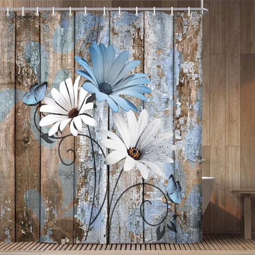 JAWO Farmhouse Flower Floral Shower Curtain, Rustic Blue Daisy Shower Curtain Set, Country Blue Wild Garden Plant Fabric Shower Curtain with Hooks, Brown Wooden Board Bathroom Curtain, 69x75inch - color: Daisy-blue, size: 69"W x 75"L (Pack of 1)