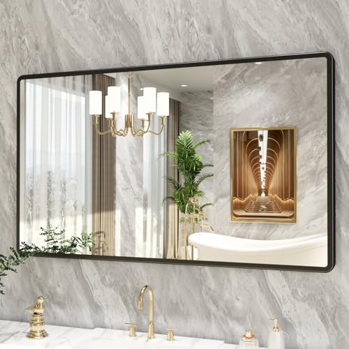 pertetey 50 x 30 in Rounded Rectangle Bathroom Mirror, Black Metal Frame | Black Metal Frame, Rounded Rectangle Design, Tempered Glass, Wall Mounted - size: 50"L x 30"W