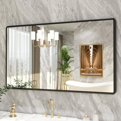 pertetey 50 x 30 in Rounded Rectangle Bathroom Mirror, Black Metal Frame | Black Metal Frame, Rounded Rectangle Design, Tempered Glass, Wall Mounted - size: 50"L x 30"W