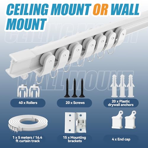 16.5 FT Bendable Curtain Track Ceiling,Mounted Straight Curved Ceiling Track Set Installation for Windows Curtain Room Divider - 5 Meter White