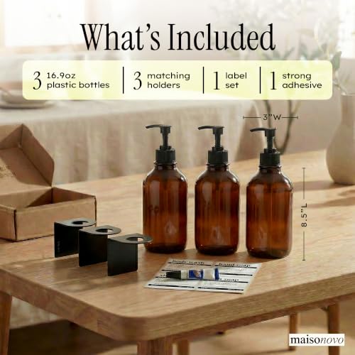 MaisoNovo Shampoo and Conditioner Dispenser|Refillable Amber Black Set of 3 | No Drill Wall Mount - Shower Soap Dispenser · Holds Body Wash or Hand Soap · Wall Soap Dispenser - color: Amber Classic Set of 3