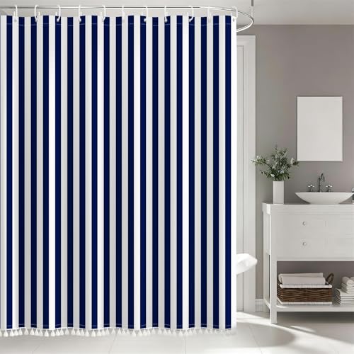 AOFOTO Navy Blue and White Stripe Shower Curtain Farmhouse Style Striped Line Bathroom Curtains Waterproof Fabric Machine Washable with 12 Hooks Modern Fashion Simple Bathroom Curtain 70x70 Inch - color: Navy Blue, size: 70"W x 70"L (Pack of 1)