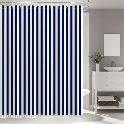 AOFOTO Navy Blue and White Stripe Shower Curtain Farmhouse Style Striped Line Bathroom Curtains Waterproof Fabric Machine Washable with 12 Hooks Modern Fashion Simple Bathroom Curtain 70x70 Inch - color: Navy Blue, size: 70"W x 70"L (Pack of 1)