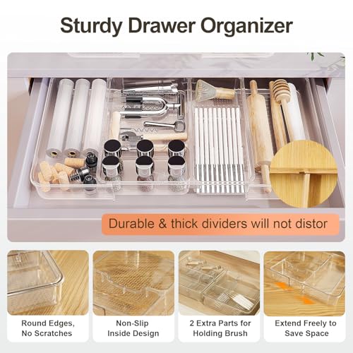 Expandable Drawer Organizer, Adjustable Shallow Tray, 11" to 19" Width | 1.97" Height, Clear Plastic Storage, For Bedroom/Living Room/Kitchen/Bathroom/Office, Cosmetic/Tools/Cutlery/Stationery