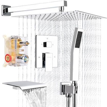 12 Inch Rainfall Shower System with Tub Spout Wall Mounted Complete Combo with Solid Brass Pressure Balancing Valve, High Pressure Shower Head, Handle Set & Installation Accessories Chrome - color: Chrome