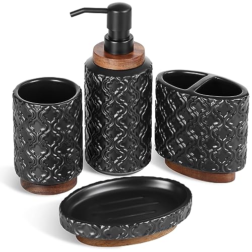 RQYIXI Ceramic 4-Piece Bathroom Accessories Set,Matte Black | Countertop Essentials Embossed Textured Design Solid Wood Non-Slip Detail Matte Black Finish - color: Black, size: Embossed Textured-4-Piece