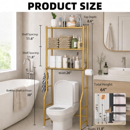 GloTika 3-Tier Over Toilet Storage, Anti-Tilt, 64" H, Gold | Anti-Tilt Safety System, 150lb Capacity, Carbon Steel, Freestanding, No Drilling, Anti-Rust Coating, Paper Holder & 4 Hooks - color: Gold, size: 3-Tier