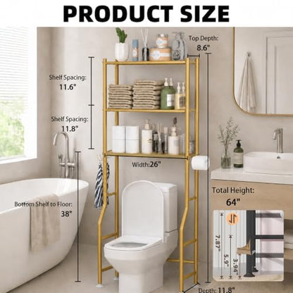 GloTika 3-Tier Over Toilet Storage, Anti-Tilt, 64" H, Gold | Anti-Tilt Safety System, 150lb Capacity, Carbon Steel, Freestanding, No Drilling, Anti-Rust Coating, Paper Holder & 4 Hooks - color: Gold, size: 3-Tier