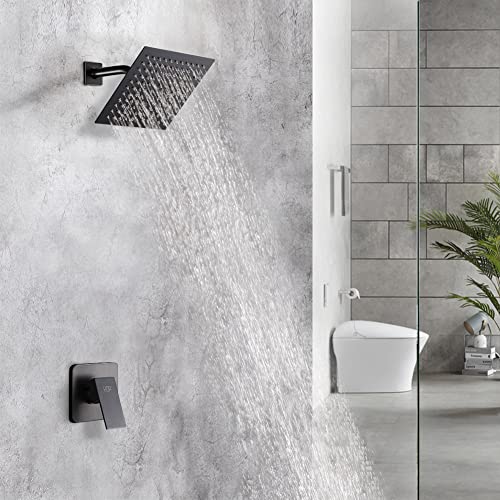 Matte Black Shower Faucet Set, Bathroom Rainfall Shower System with Stainless Steel Metal Showerhead, Single Function Shower Trim Kit with Rough-in Valve - color: Black, size: 8 Inch (Wall Mount)