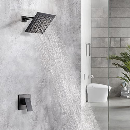 Matte Black Shower Faucet Set, Bathroom Rainfall Shower System with Stainless Steel Metal Showerhead, Single Function Shower Trim Kit with Rough-in Valve - color: Black, size: 8 Inch (Wall Mount)