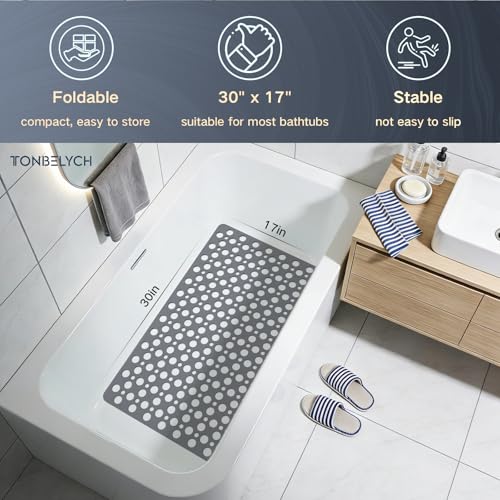 Non Slip Bath Mat for Shower & Bathtub - 30x17 Inch with Strong Suction Cups and Drain Holes, Quick-Dry, Machine Washable Floor Mat for Elderly, Kids & Pets