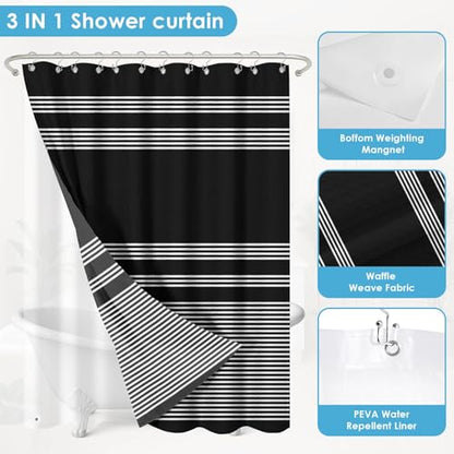 3 in 1 Shower Curtain and Liner,72 x 72 inch, Geometric Striped | Beige Brown Coffee Modern Double Layers Waterproof Fabric with See Through Top Window Open Grommet Bath Curtain - color: Striped Geometric Black