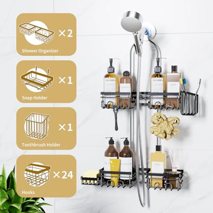 KEGII Shower Caddy Hanging for Handheld Showerheads, Rustproof Hanging Shower Organizer with Soap Dish, Toothbrush Holder and Hooks, Over Showerhead Caddy for Bathroom - style: Black – 2-Tier Hanging Shower Caddy
