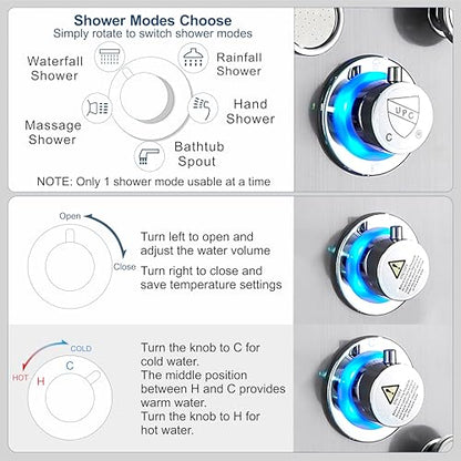 ELLO&ALLO LED Stainless Steel Bathroom Shower Panel Tower System, Rainfall Waterfall Shower Head Rain Massage System with Body Jets, Brushed Nickel - color: Brushed Nickel