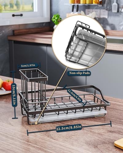 Consumest Sink Caddy, Kitchen Sponge Holder with Dish Brush Holder, Kitchen Sink Organizer with Drip Tray for Countertop Stainless Steel Rustproof, Black-Large - color: Black-l