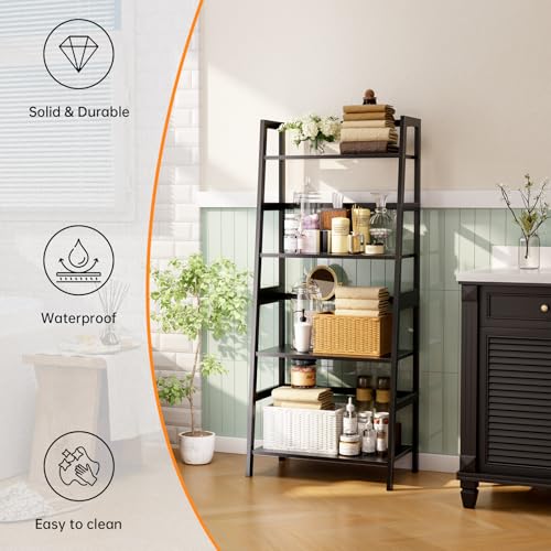 HITNET Ladder Shelf Black, 4-Tier Bookshelf, Freestanding Bathroom Storage Rack with Bamboo Frame, Plant Display Stand for Living Room, Kitchen, Home Office - color: Black