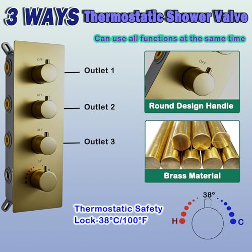 AYIVG Thermostatic Full Body Rainfall Shower System Dual 3 Way Diverter Valve 6 Function Ceiling Mount 14x20" ShowerHeads With 6 Jets 2 Handheld Shower Set (Brushed Gold) - color: Brushed Gold
