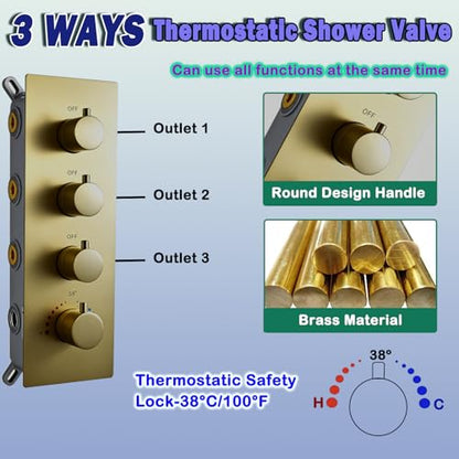 AYIVG Thermostatic Full Body Rainfall Shower System Dual 3 Way Diverter Valve 6 Function Ceiling Mount 14x20" ShowerHeads With 6 Jets 2 Handheld Shower Set (Brushed Gold) - color: Brushed Gold