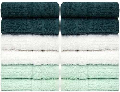 PH Pleasant Home Ribbed Wash Cloths Set - 12 Pack (12” x 12”) – 509 GSM - 100% Ring Spun Cotton Wash Cloth - Super Soft and Highly Absorbent Face Towels (Green, White, Mint) - color: Green, White & Mint, style: Ribbed