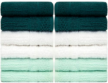 PH Pleasant Home Ribbed Wash Cloths Set - 12 Pack (12” x 12”) – 509 GSM - 100% Ring Spun Cotton Wash Cloth - Super Soft and Highly Absorbent Face Towels (Green, White, Mint) - color: Green, White & Mint, style: Ribbed