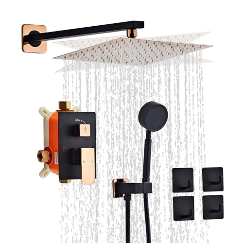 Black Gold Rainfall Shower Head, Wall Mounted 10 Inch Shower Heads with Handheld Spray Combo, Luxury Bathroom Square Rain Shower System, Solid Brass Pressure Balancd Shower Faucet Valve - color: Black Gold, style: 10 Inch