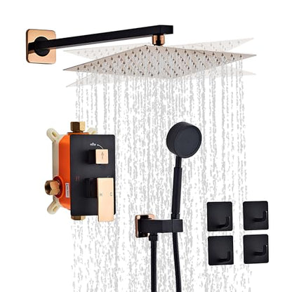 Black Gold Rainfall Shower Head, Wall Mounted 12 Inch Shower Heads with Handheld Spray Combo, Luxury Bathroom Square Rain Shower System, Solid Brass Pressure Balancd Shower Faucet Valve - color: Black Gold, style: 12 Inch